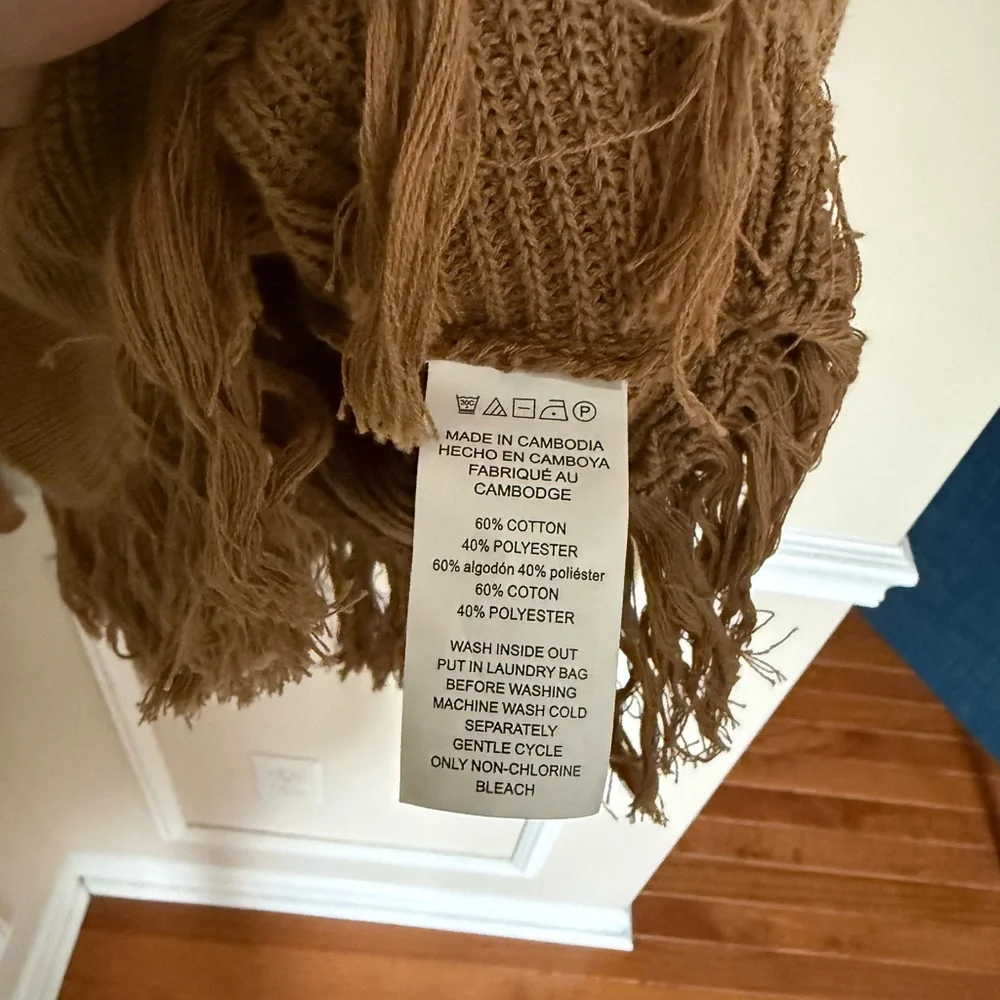 Camel Michael Kors Knit Turtle Neck Fringe Bottom Pullover Sweater Boho Size L - Picture 6 of 11